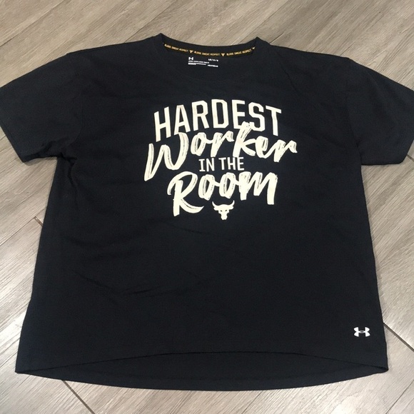 Under Armour Project Rock “Hardest Worker in the Room” Black Screen Print Tee - Picture 7 of 11